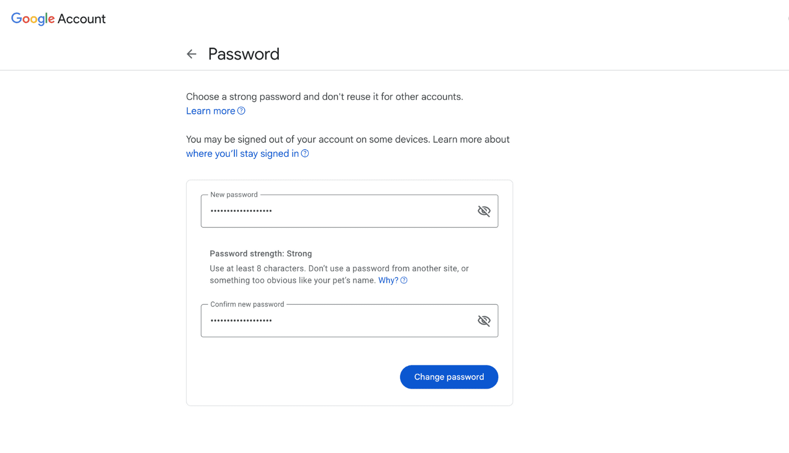 Página de cambio de contraseña de Google.