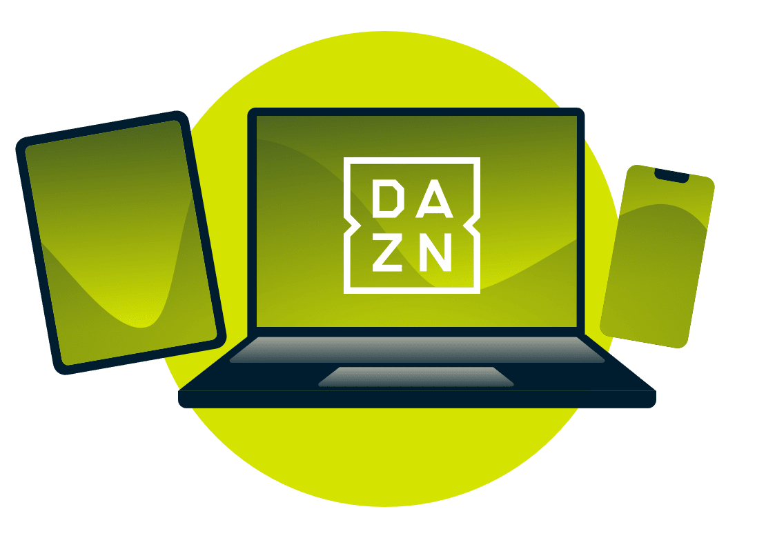 Un ordinateur portable, une tablette et un t&eacute;l&eacute;phone avec le logo DAZN.