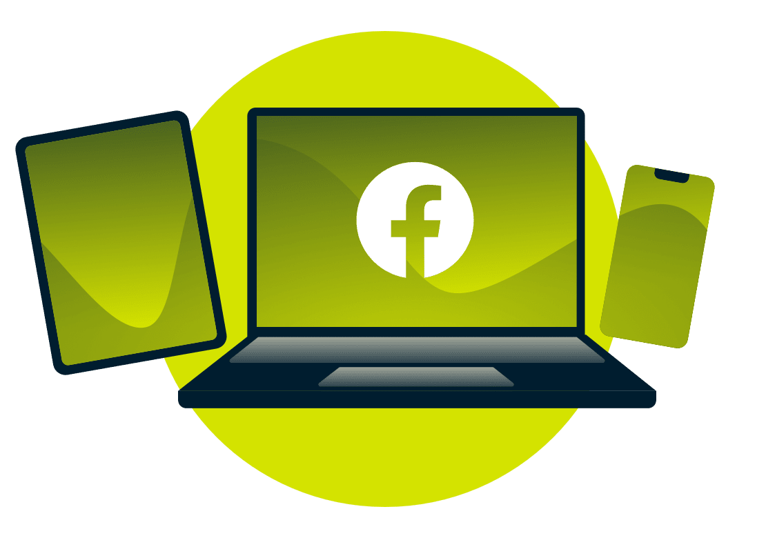 Un ordinateur portable, une tablette et un téléphone, avec le logo Facebook.