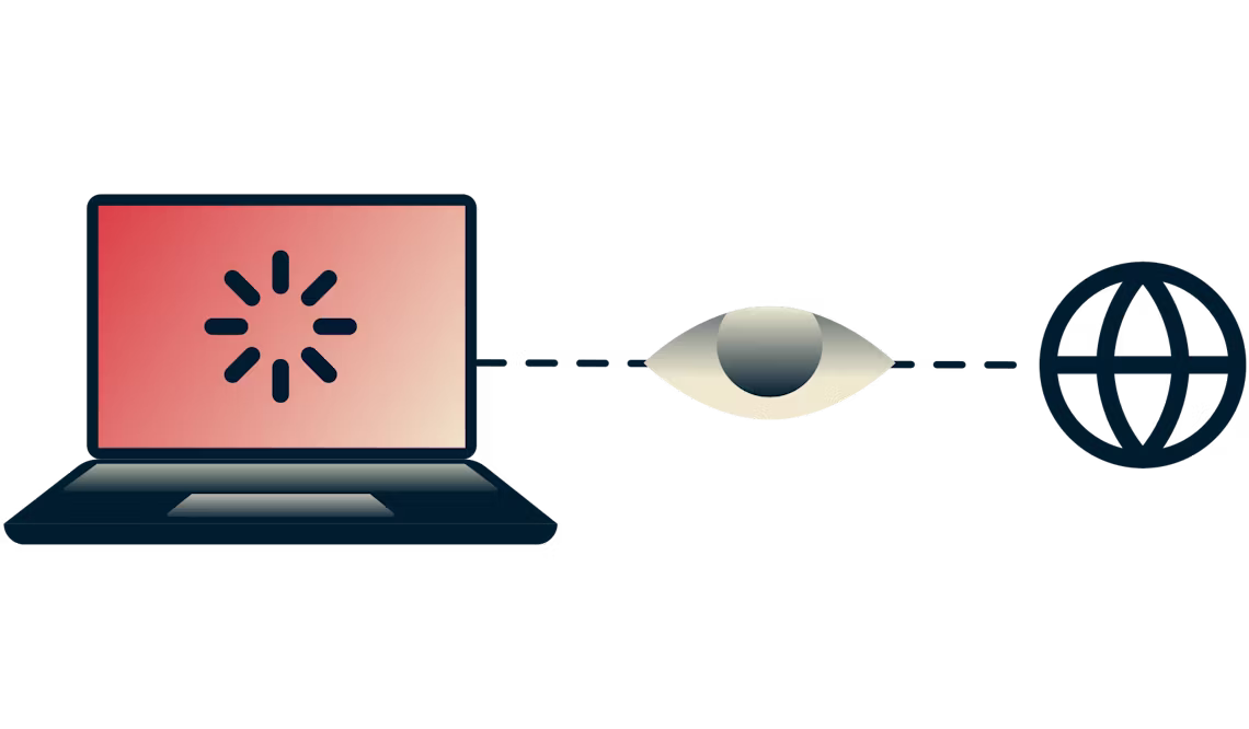 En b&aelig;rbar computer med buffering, der er forbundet til internettet, med et &oslash;je, der overv&aring;ger forbindelsen.