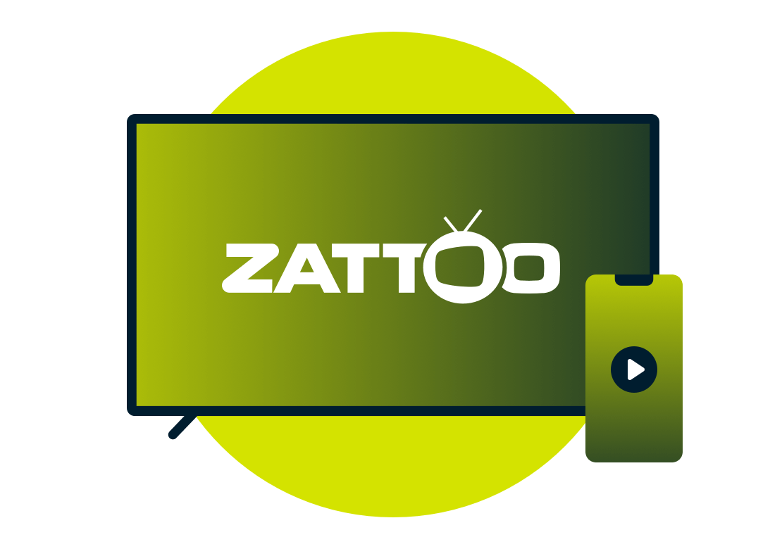 Un portatile e un telefono con il logo di Zattoo.